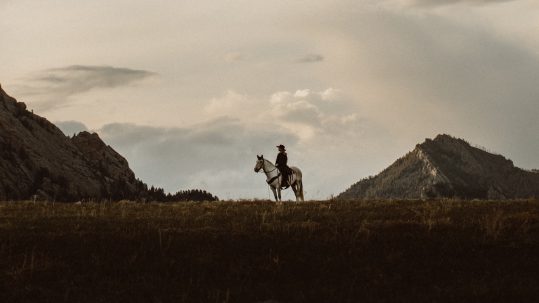 A lone horse rider against stands on a field with two mountains in the background.